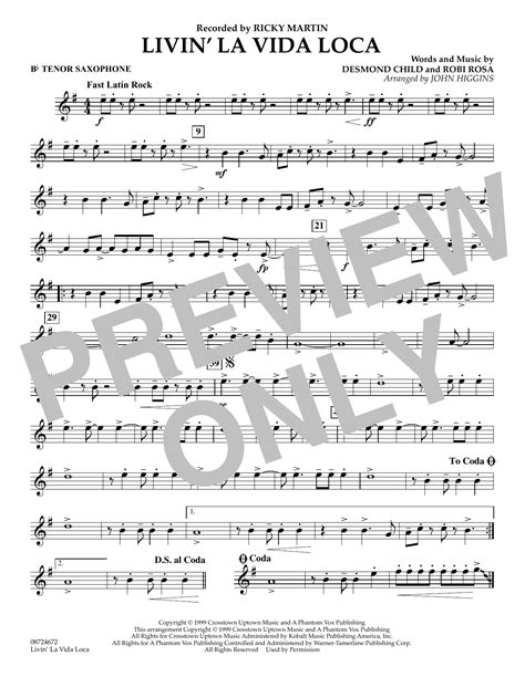 Livin La Vida Loca Arr John Higgins Bb Tenor Saxophone By Ricky