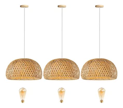 3 Pendente Rustico De Bambu Fibra Natural Palha Nat04 Led