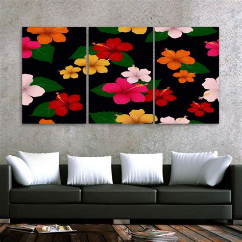 Ownta Tropical Flora With Hibiscus Flowers Leaves Pattern 3pc Frameless