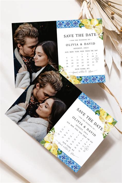 Blue Tiles Lemon Calendar Photo Save The Date Cards Mediterranean