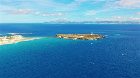 Aerial View Strait Of Gibraltar Seen From The Port Of Tarifa In The Background Can See