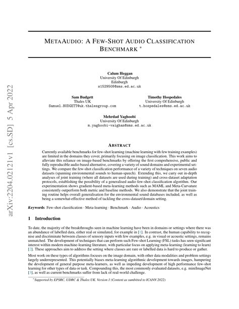 Pdf Metaaudio A Few Shot Audio Classification Benchmark