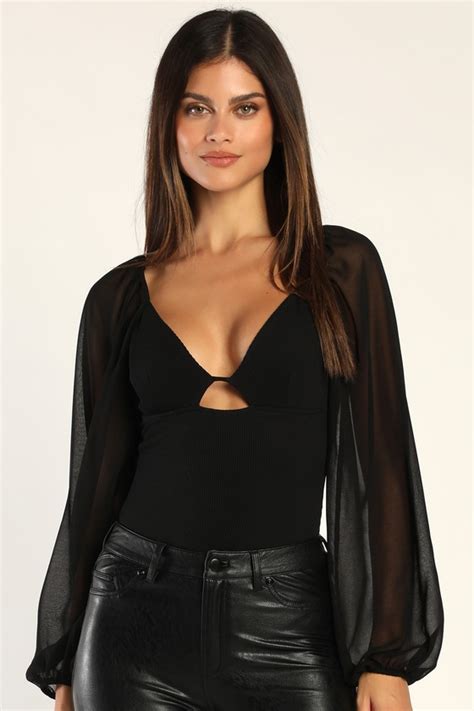 Black Ribbed Bodysuit Cutout Bodysuit Long Sleeve Bodysuit Lulus