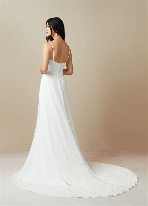 Diamond White Azazie Shiv A Line Beaded Crepe Back Satin Chapel Train