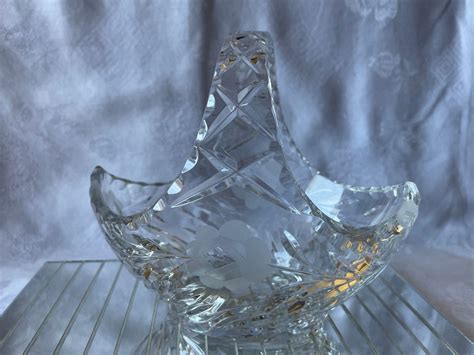 Vintage Bohemian Czech Art Glass Hand Cut Bowl Basket Art Nouveau Look