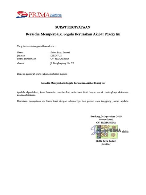 Surat Pernyataan Kerusakan Sample Pdf