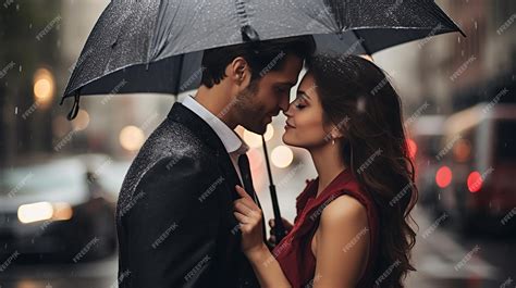 Premium Photo Rainy Romance Couples Sharing A Tender Moment Under An Umbrella