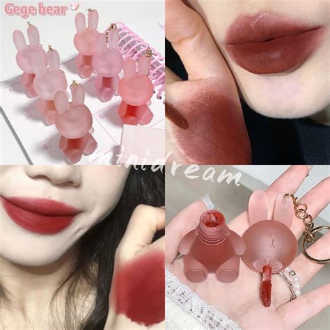 Gege Bear Cute Rabbit Keychain Lip Clay Creamy Lip Mud Nude Red Brown Lip Tint Waterproof