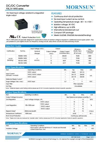 F N Wr Series W Fixed Input Voltage Isolated Unregulated