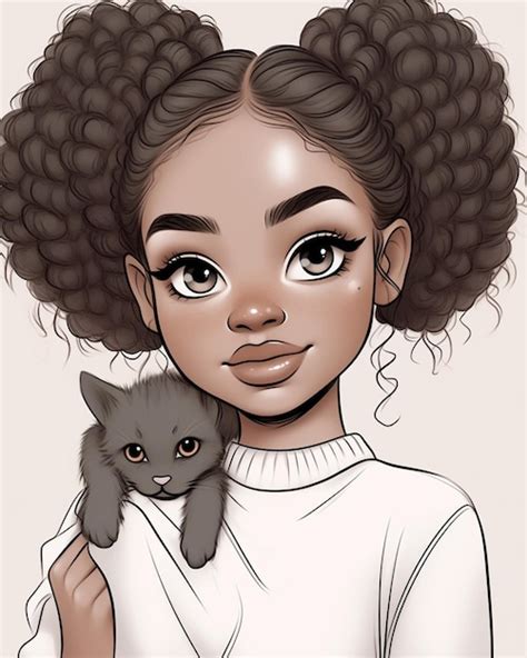 Premium Photo Cartoon Girl With Curly Hair Holding A Kitten In Her