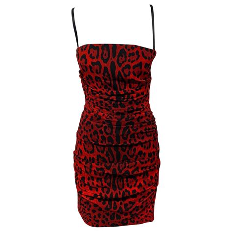 Dolce Gabbana Leopard Print Ruched Dress In Red Silk Ref