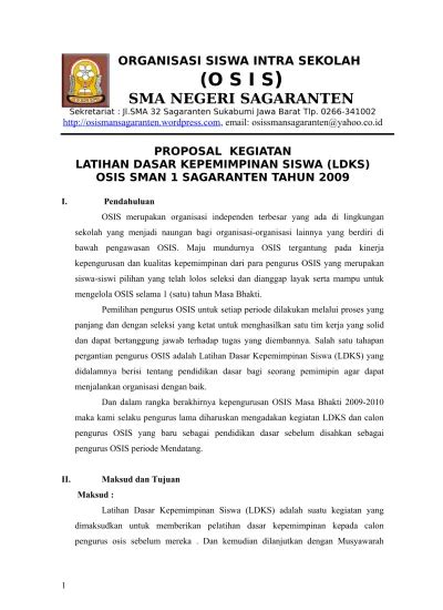 Proposal Kegiatan Latihan Dasar Kepemimpinan Siswa Ldks Osis Sman 1 Sagaranten Tahun 2009