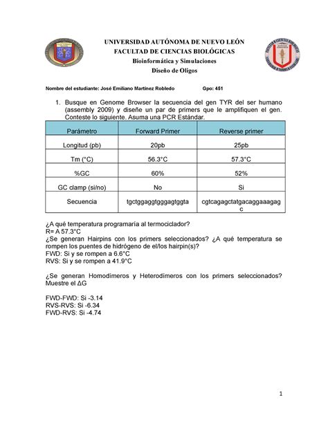 Actividad Oligos primers UNIVERSIDAD AUTÓNOMA DE NUEVO LEÓN