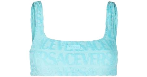 Versace X Dua Lipa Allover Towel Bikini Top In Blue Lyst Uk