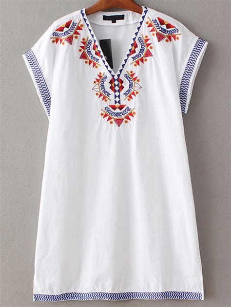 White V Neck Sleeveless Embroidery Dress Shein Sheinside