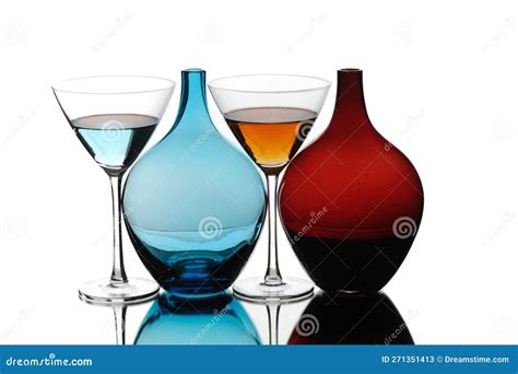 Handmade Custom Colored Glass Bottles And Goblets White Background Stock Image Image Of Drink