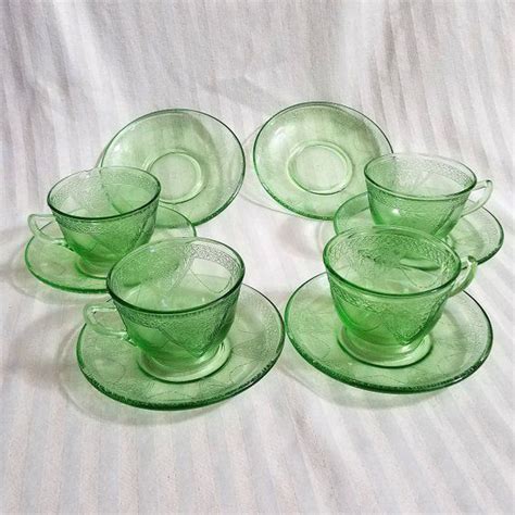 Vintage Set Of Uranium Vaseline Glass Teacup And Saucers By Federal Glass In The Georgian Love