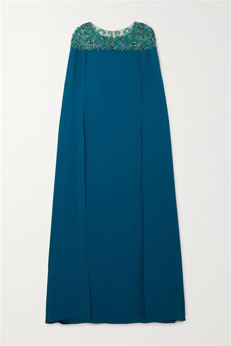 Buy Marchesa Cape Effect Embellished Tulle And Crepe Gown Blue At