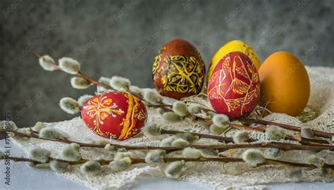 Paschal Themed Still Life Featuring Pysanky Easter Eggs And Pussy