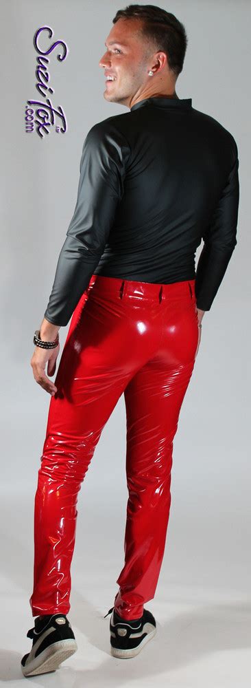 Mens Jean Style Pants Shown In Gloss Red Vinylpvc Spandex Custom Made