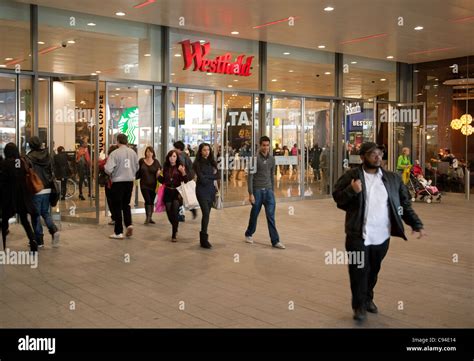 Shoppers At Entrance To Westfield Shopping Centre Stratford London Uk