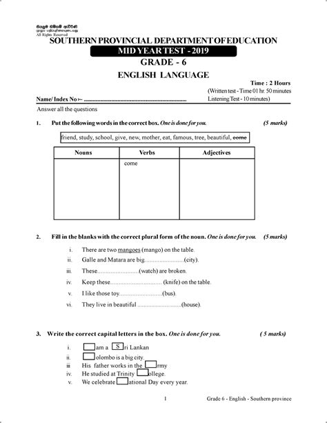 Grade 06 English 2nd Term Test Paper With Answers 2019 Southern Province Southern Provincial