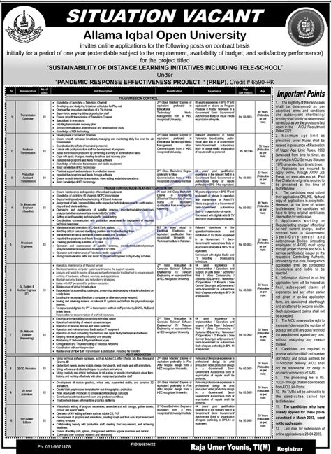 Allama Iqbal Open University Aiou Jobs Aiou Edu Pk Apply Online