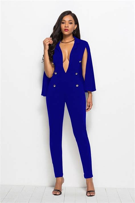 Royal Blue Jumpsuit With Deep V Neck And Cape Style