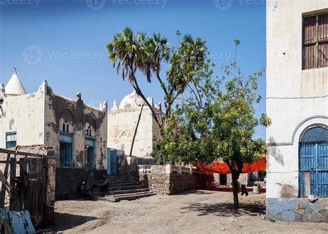 Local red sea style architecture street in central Massawa old town