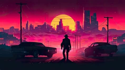 Premium Ai Image Wild West Showdown At Sunset Synthwave 80s Ai Generate