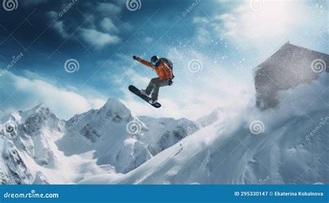 A Male Snowboarder Rides Down The Mountain In Winter And Enjoys The