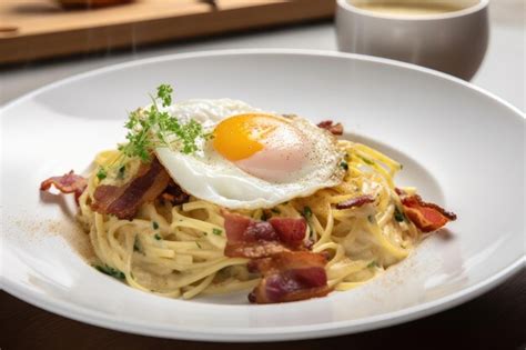 Premium Ai Image Plate Of Spaghetti Carbonara Topped With Crispy