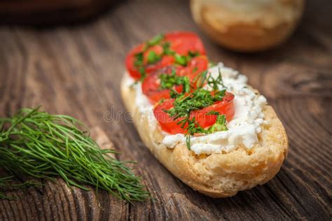 Delicious Bruschetta With Tomatoes Feta Cheese Dill And Spice Stock