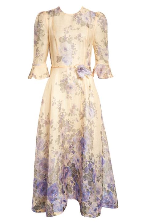 Zimmermann Lyrical Flare Sleeve Midi Dress In Blue Floral Print Modesens