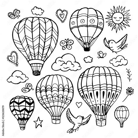 Doodle Set Of Hot Air Balloons With Birds Clouds Sun Butterflies Stock Vector Adobe Stock