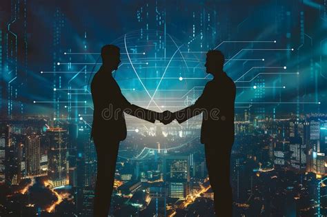 Business Handshake Silhouette With Global Network And Digital Cityscape