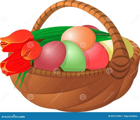 Easter Basket With Eggs And Flower Tulips Stock Vector Illustration