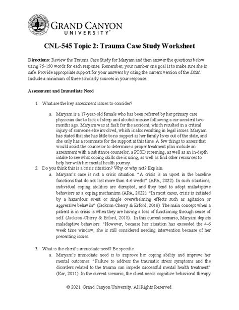CNL 545 RS T2 Trauma Case Study Worksheet - CNL-545 Topic 2: Trauma