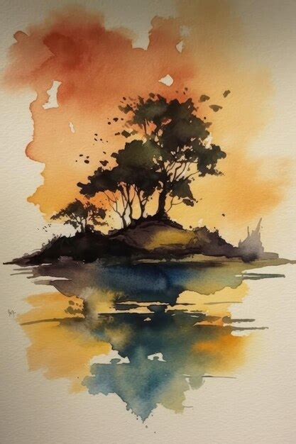 Premium AI Image | Watercolor drawing of a small island at sunset