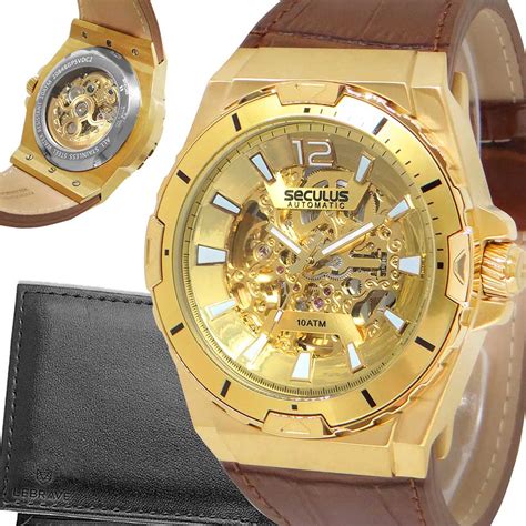 Rel Gio Seculus Autom Tico Masculino Dourado Pulseira De Couro E