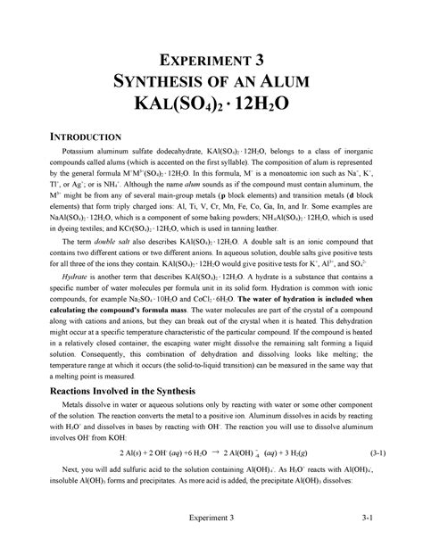 Uof C GL03 Lab Lab EXPERIMENT 3 SYNTHESIS OF AN ALUM KAL SO 4 2