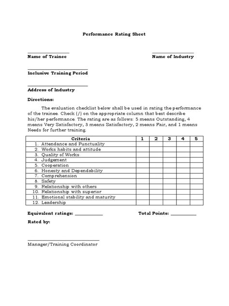 Performance Rating Sheet Pdf