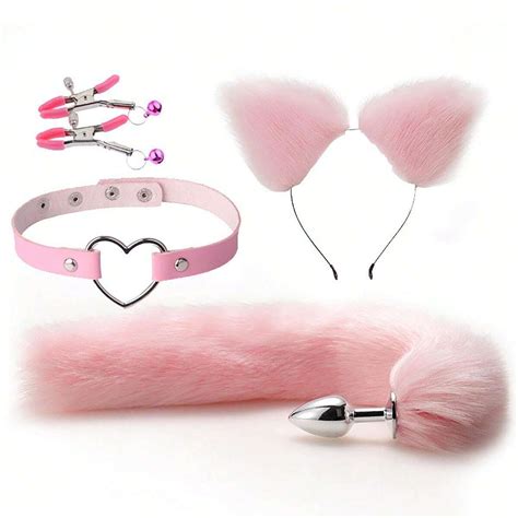 4pcs Set Anal Sex Toys Fox Tail Butt Plug Sexy Plush Cat Ear Headband With Necklace Set Massage