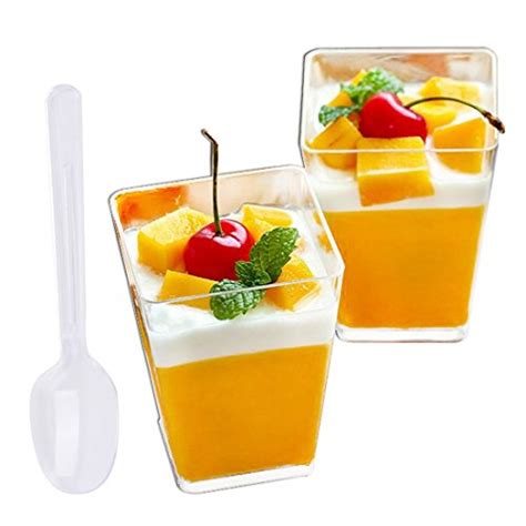 Tosnail 100 Pack 5 Oz Tall Square Clear Plastic Dessert Tumbler Cups With 100 Plastic Spoons