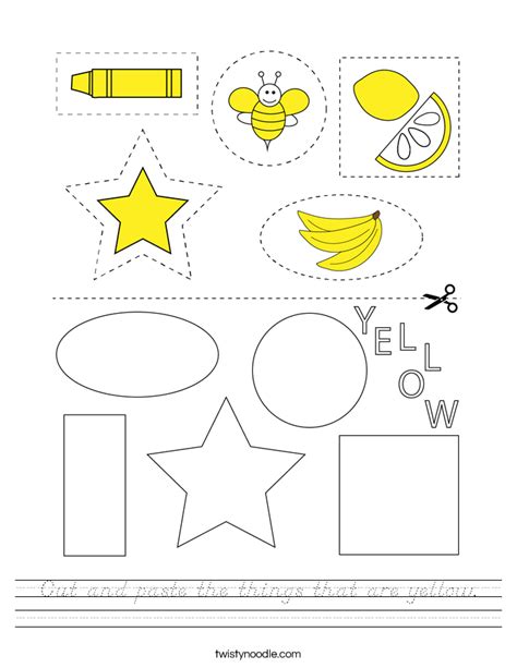 Cut And Paste The Things That Are Yellow Worksheet Dnealian Twisty Noodle