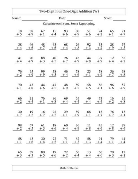 Two Digit Plus One Digit Addition With Some Regrouping 100 Questions W