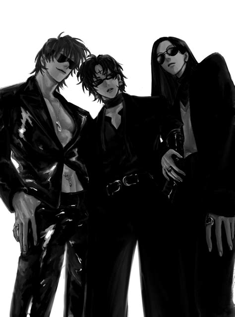 Safebooru 3boys Absurdres Black Hair Black Jacket Black Pants Black Shirt Blue Eyes Chrollo