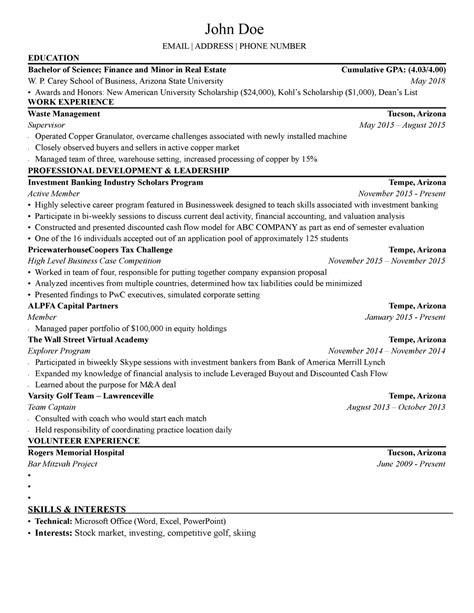 Resume Template WP Carey Resume Template MGT 300 ASU Studocu