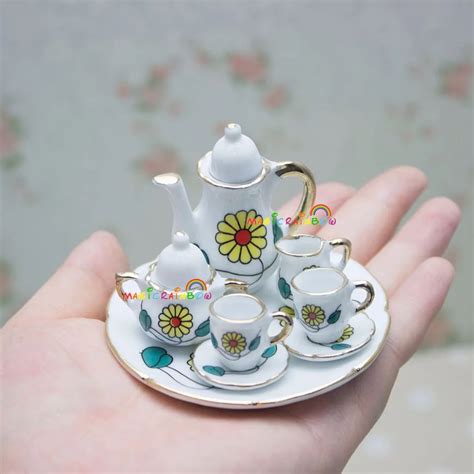 Dollhouse Miniatures Kitchen Coffee Tea Set Porcelain Dish Plate Pot