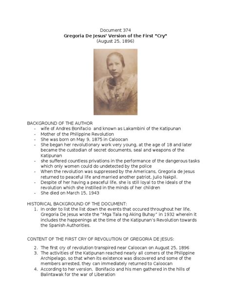gregoria de jesus version    cry philippines unrest